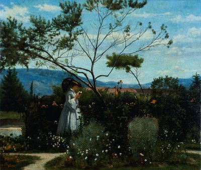 Tussen de bloemen in de tuin door Silvestro Lega