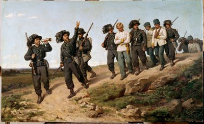 Episode van de Italiaanse campagne in 1859: Oostenrijkse krijgsgevangenen omringd door bersaglieri door Silvestro Lega