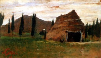 Landschap met een rieten hut door Silvestro Lega