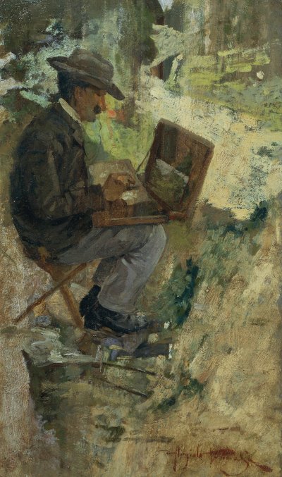 Portret van Silvestro Lega, schilderij door Angiolo Tommasi, olieverf op paneel door Silvestro Lega