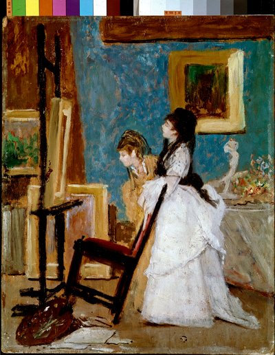 Het bezoek aan het atelier Schilderij door Silvestro Lega door Silvestro Lega
