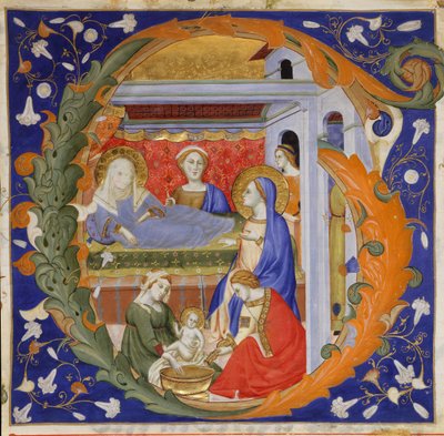 Manuscriptverlichting met de geboorte van de Maagd in een initiaal G, uit een Graduale door Silvestro dei Gherarducci