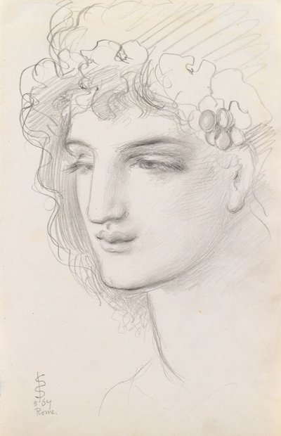 Studie van een met bloemen versierd hoofd, 1867 door Simeon Solomon