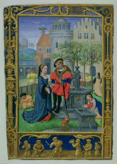 April: Het hof maken, uit een Getijdenboek, of het Golfboek, c.1520-30 door Simon (workshop of) Bening