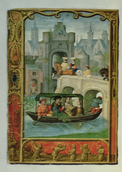 Mei: Een boottocht en boogschieten, uit een Getijdenboek, of het Golfboek, c.1520-30 door Simon (workshop of) Bening
