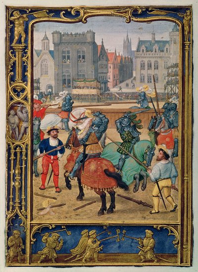 Juni: Toernooi en een spel met stokpaardjes, uit een Getijdenboek, of het Golfboek, c.1520-30 door Simon (workshop of) Bening