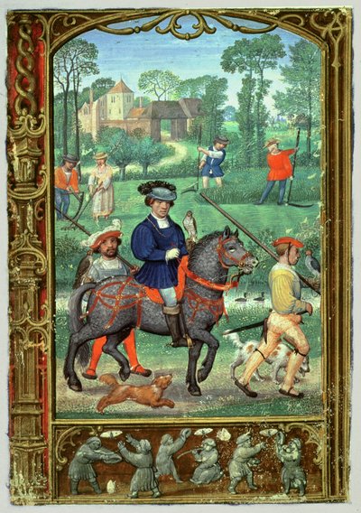 Juli: Valkenjacht, hooien en vlinders vangen, uit een Getijdenboek, of het Golfboek, c.1520-30 door Simon (workshop of) Bening
