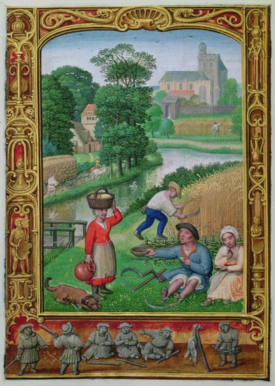 Augustus: Oogsten bij een rivier, uit een Getijdenboek, of het Golfboek, c.1520-30 (perkament) door Simon (workshop of) Bening