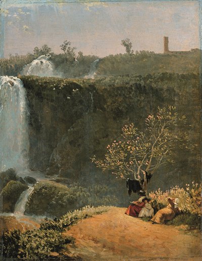 Elisabeth Louise Vigée-Lebrun tekent de Tivoli-waterval met haar dochter Julie en haar gouvernante (olieverf op papier gemonteerd op doek)) door Simon Alexandre Clément Denis