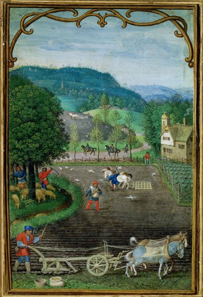 Add 18855 Oktober: ploegen en zaaien, uit een Getijdenboek, c.1540 door Simon Bening