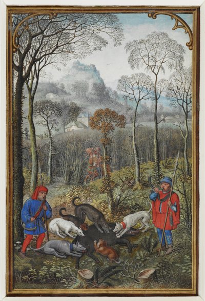 Kalenderminiatuur voor december met een everzwijnenjacht door Simon Bening