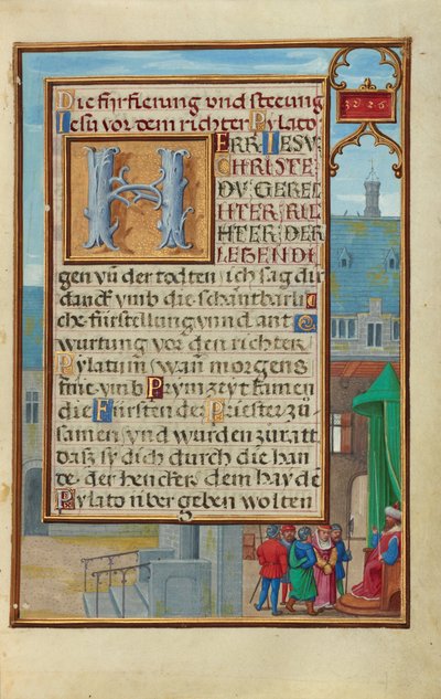 Rand mit einem gefangenen Propheten vor einem Fürsten oder König door Simon Bening