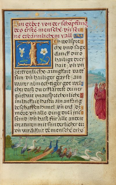 Rand met de schepping van vogels en vissen door Simon Bening