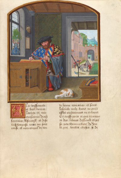 De koning van wapens van de Orde van het Gulden Vlies schrijft over Jacques de Lalaing door Simon Bening