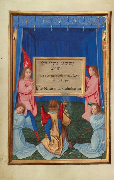 De verering van het beschreven bord van het kruis door Simon Bening
