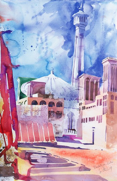 Bastakia, Dubai, 2004 (aquarel op papier) door Simon Fletcher