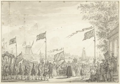 Afscheid van Willem V en echtgenote aan de Buitenamstel, 1768 door Simon Fokke