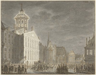 Illuminatie van het stadhuis voor Willem V en Wilhelmina van Pruisen, 1768 door Simon Fokke