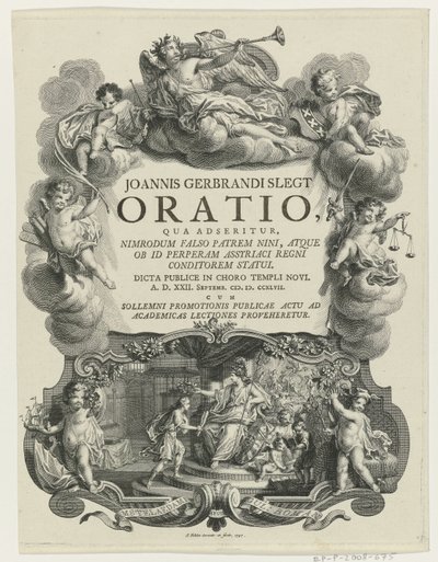 Minerva lauwert een jongeman met bul (Titelpagina voor: J.G. Slegt, Oratio, qua adseritur, Nimrodum falso patrem Nini, 1747) door Simon Fokke