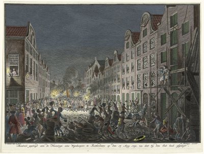 Plundering van het huis van een wijnkoper Gerrit Hagedooren te Rotterdam, 1751 door Simon Fokke