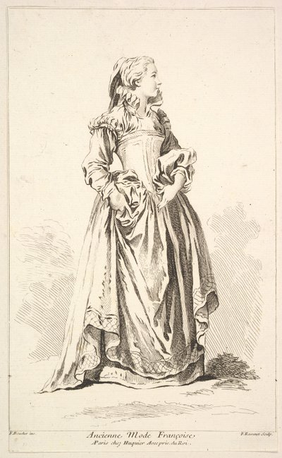Oude Franse mode, uit Recueil de diverses figures étrangères door Simon Francois Ravenet