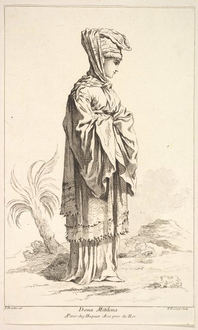 Dona Mitilena, uit Recueil de diverses figures étrangères Inventées par F. Bouche door Simon Francois Ravenet