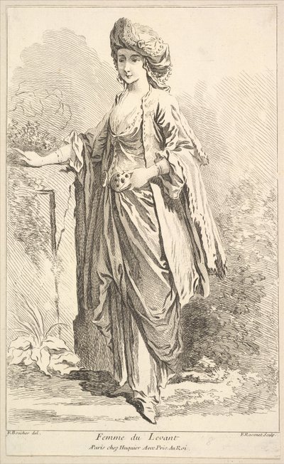 Vrouw uit het Oosten, uit Recueil de diverses figures étrangères Inventées par F. Bouc..., 18e eeuw door Simon Francois Ravenet