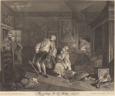 Huwelijk à la Mode: pl.5 door Simon Francois Ravenet I after William Hogarth