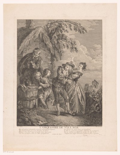 Drie muzikanten bij een huis, ervoor een dansende man en vrouw door Simon François Ravenet (le vieux)