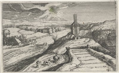 Heuvellandschap met een windmolen door Simon Frisius (attributed to)