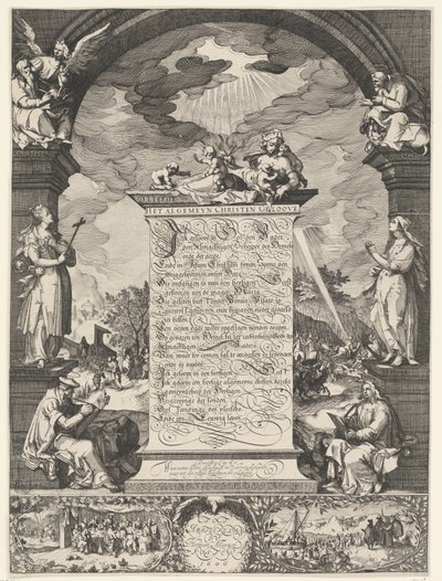 Allegorie op de geloofsbelijdenis met de vier evangelisten door Simon Frisius