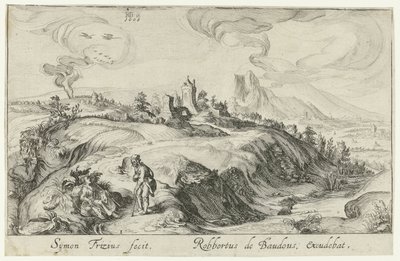 Berglandschap met twee figuren door Simon Frisius