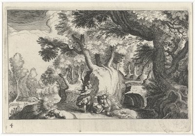 Boslandschap met Hagar en Ismaël door Simon Frisius