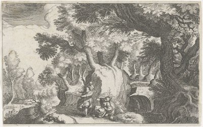 Boslandschap met Hagar en Ismaël door Simon Frisius