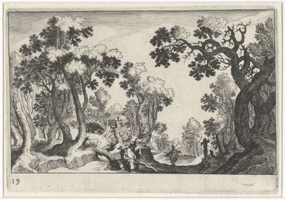 Boslandschap met boeren door Simon Frisius