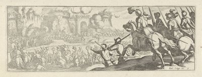 Cavaleristen bestormen een stadsmuur (Cavalerie, series title) Faecvnda qvam sit acris ingeni viris dilecta Phaebo et gratys Florentia, sat indicant pvgnae, enthea vi pectoris quas Mercuri sculpsit cliens tempestiv (series title) door Simon Frisius