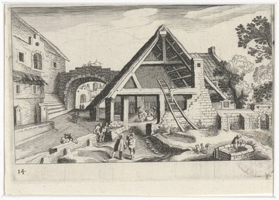 Dorpsgezicht met de Heilige Familie Zuid-Europese landschappen (serie titel) Topographia variarum regionum (serie titel) door Simon Frisius