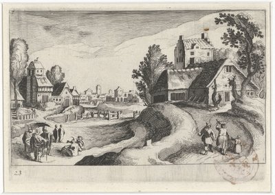 Dorpsgezicht met een boerderij door Simon Frisius