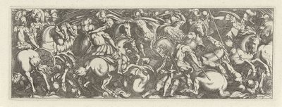 Gevecht tussen cavaleristen en infanteristen (Cavalerie, series title) Faecvnda qvam sit acris ingeni viris dilecta Phaebo et gratys Florentia, sat indicant pvgnae, enthea vi pectoris quas Mercuri sculpsit cliens tempestiv (series title) door Simon Frisius