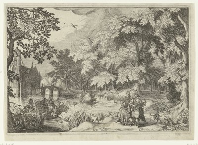 Gezicht op een bos met Kasteel Loenersloot door Simon Frisius