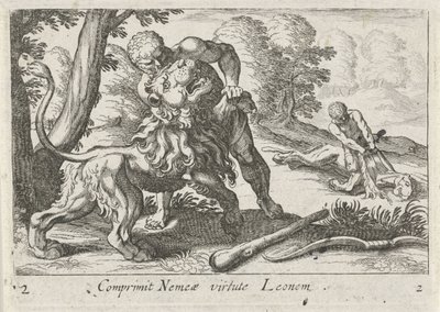 Hercules in gevecht met de Nemeïsche leeuw door Simon Frisius
