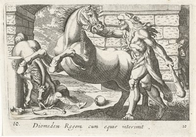 Hercules temt de paarden van Diomedes door Simon Frisius