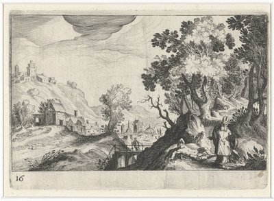 Heuvellandschap met de Barmhartige Samaritaan door Simon Frisius