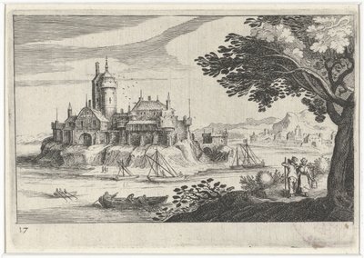 Heuvellandschap met een kasteel op een eiland door Simon Frisius