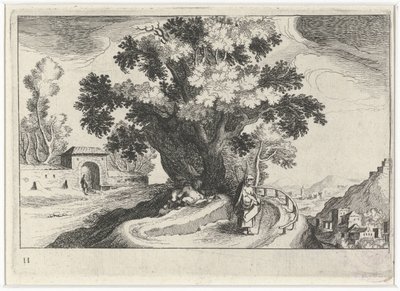Heuvellandschap met vrijende figuren onder een boom door Simon Frisius
