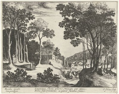 Landschap met Christus en de genezing van de bloedvloeiende vrouw door Simon Frisius