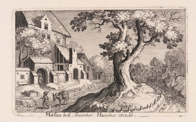 Man met ezel die door een dorp loopt, uit Topographia Variarum Regionum door Simon Frisius