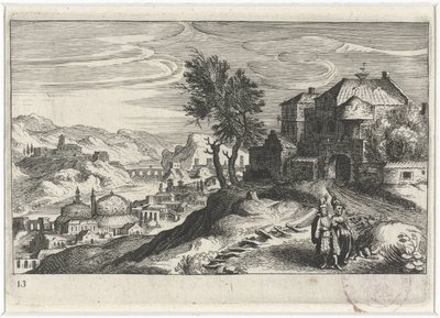 Rivierdal met bouwwerken Zuid-Europese landschappen (serie titel) Topographia variarum regionum (serie titel) door Simon Frisius