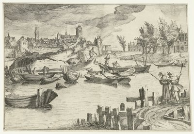 Rivierlandschap met een stad op de achtergrond door Simon Frisius