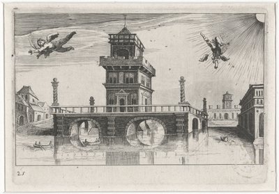 Stadsgezicht met Icarus en Daedalus Zuid-Europese landschappen (serie titel) Topographia variarum regionum (serie titel) door Simon Frisius